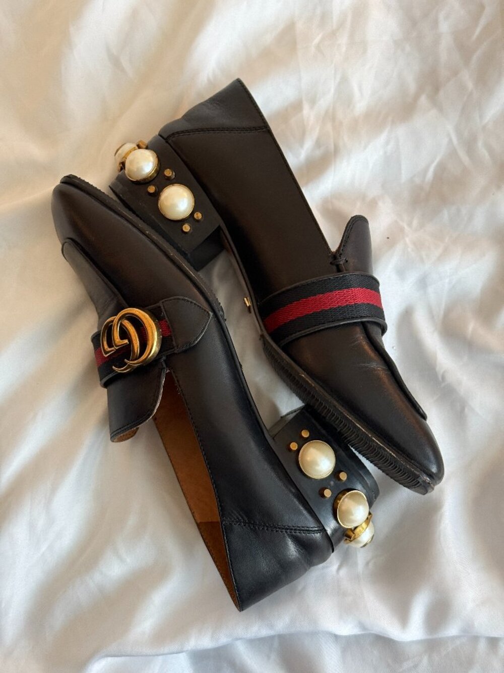 Gucci GG Web Black Leather Loafers Pearl Embellished Heel - Slipper Convertible